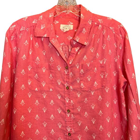 Linen Club Luxury Button Front Pink Floral Long Sleeve Top Petite M - Picture 5 of 8